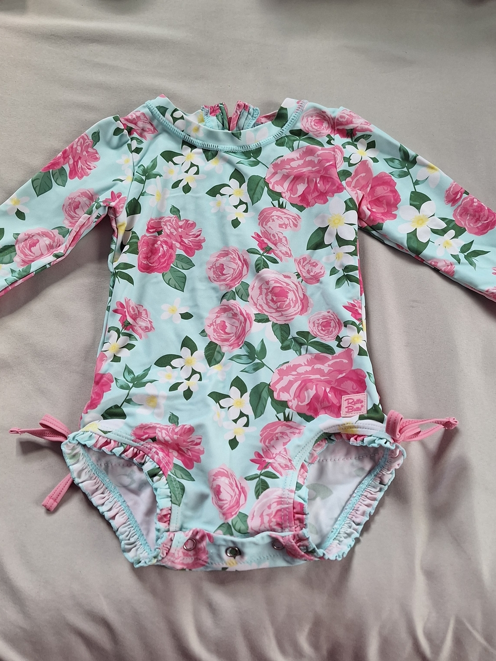 Ruffle Butts Pink Floral Long Sleeve One-Piece Swim in Aqua SIZE 12-18 MONTHS